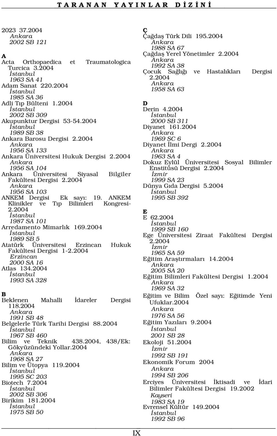 2004 Ankara stanbul 1958 SA 63 Dergisi 1985 SA 36 Adli T p Bülteni 1.2004 D stanbul Derin 4.2004 2002 SB 309 stanbul Akupunktur Dergisi 53-54.2004 2000 SB 311 stanbul Diyanet 161.