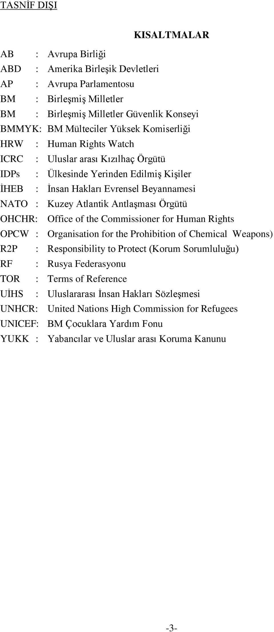 Örgütü OHCHR: Office of the Commissioner for Human Rights OPCW : Organisation for the Prohibition of Chemical Weapons) R2P : Responsibility to Protect (Korum Sorumluluğu) RF : Rusya Federasyonu