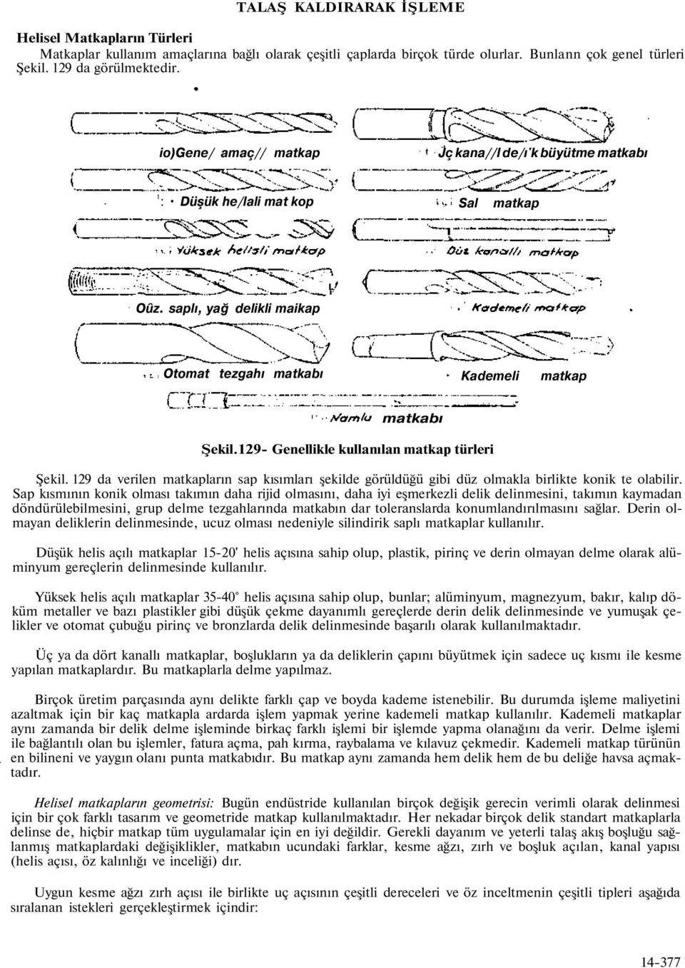 129- Genellikle kullanılan matkap türleri Şekil. 129 da verilen matkapların sap kısımları şekilde görüldüğü gibi düz olmakla birlikte konik te olabilir.