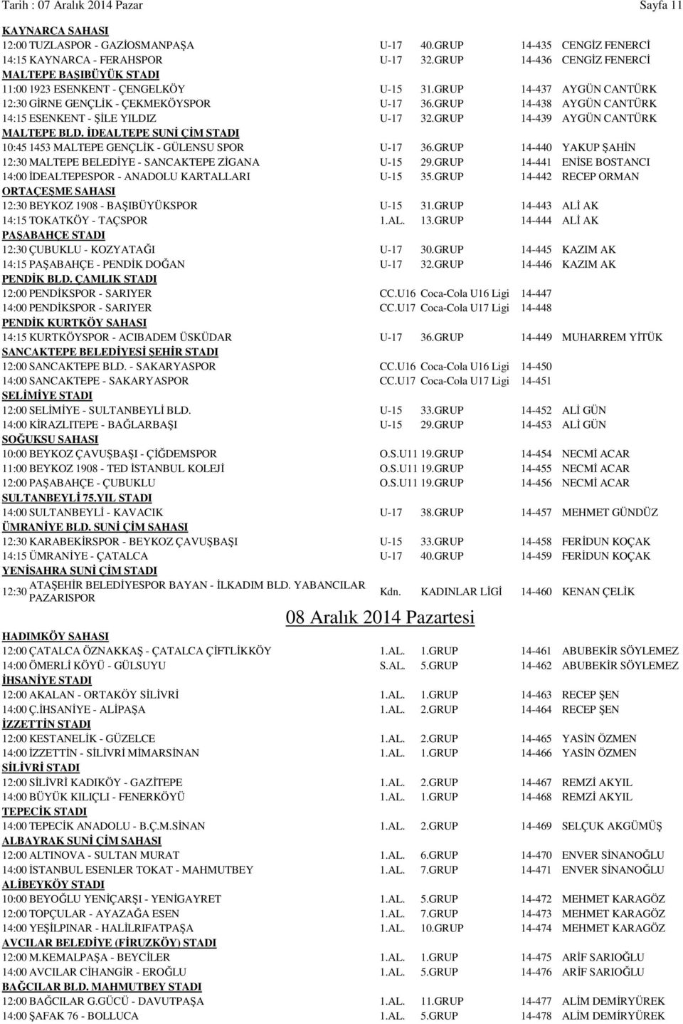 GRUP 14-438 AYGÜN CANTÜRK 14:15 ESENKENT - ŞİLE YILDIZ U-17 32.GRUP 14-439 AYGÜN CANTÜRK MALTEPE BLD. İDEALTEPE SUNİ ÇİM STADI 10:45 1453 MALTEPE GENÇLİK - GÜLENSU SPOR U-17 36.