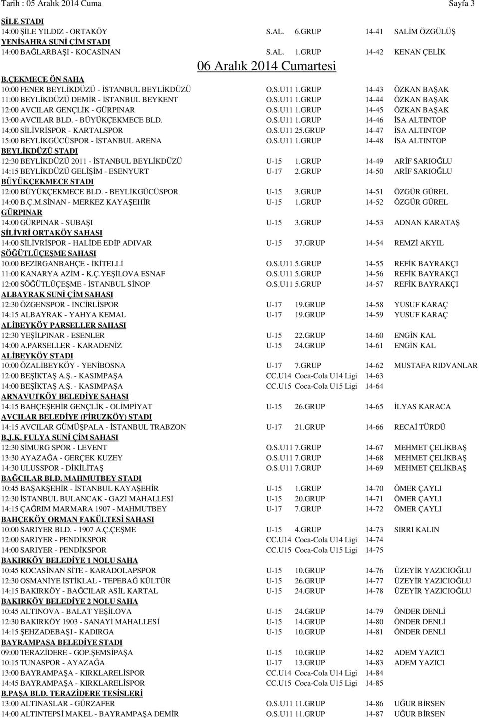 S.U11 1.GRUP 14-45 ÖZKAN BAŞAK 13:00 AVCILAR BLD. - BÜYÜKÇEKMECE BLD. O.S.U11 1.GRUP 14-46 İSA ALTINTOP 14:00 SİLİVRİSPOR - KARTALSPOR O.S.U11 25.