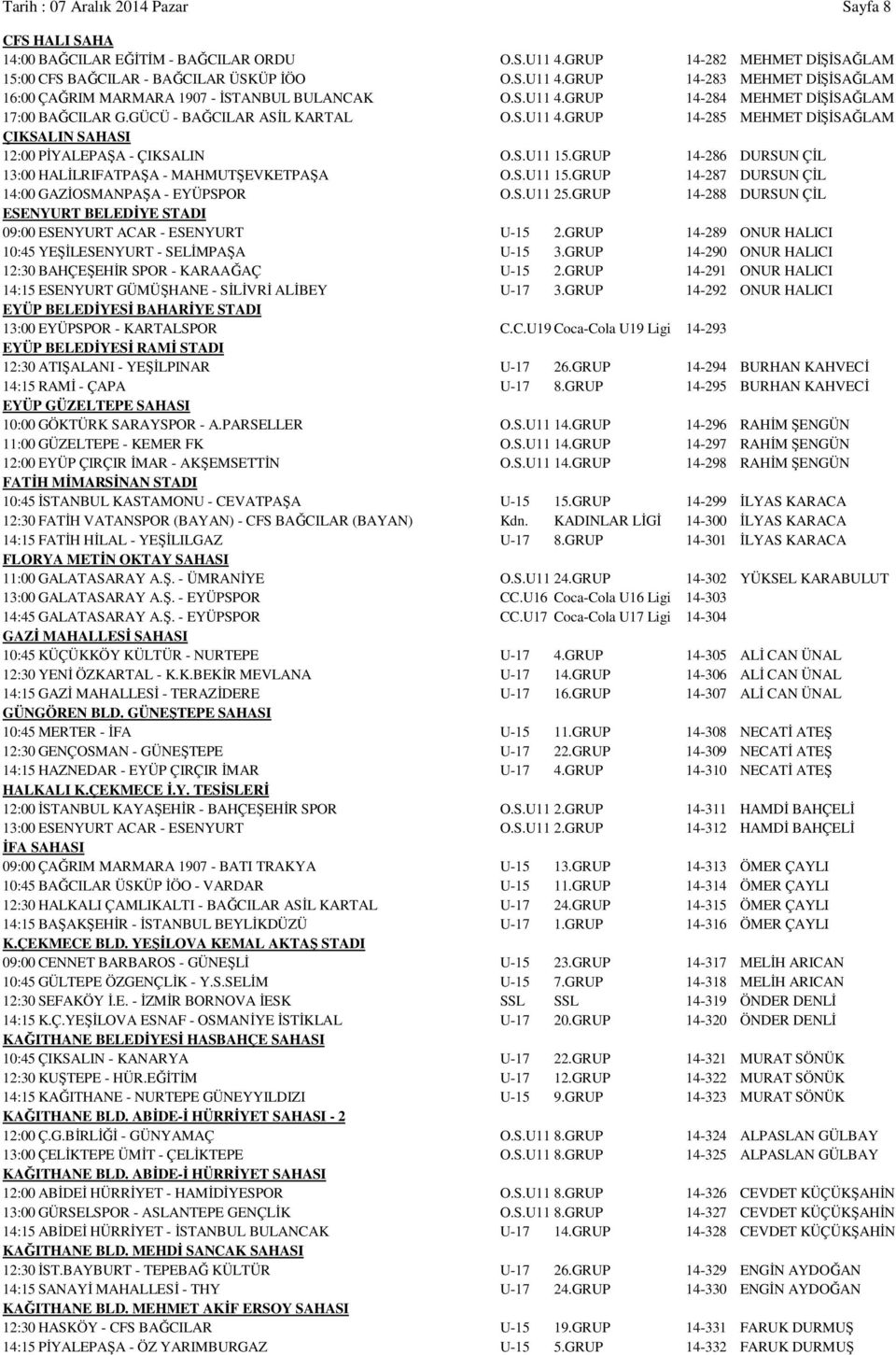 GRUP 14-286 DURSUN ÇİL 13:00 HALİLRIFATPAŞA - MAHMUTŞEVKETPAŞA O.S.U11 15.GRUP 14-287 DURSUN ÇİL 14:00 GAZİOSMANPAŞA - EYÜPSPOR O.S.U11 25.
