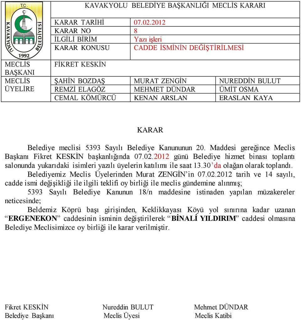 2012 tarih ve 14 sayılı, cadde ismi değişikliği ile ilgili teklifi oy birliği ile meclis gündemine alınmış; 5393 Sayılı Belediye Kanunun