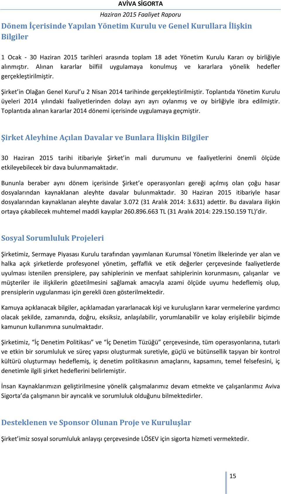 Toplantıda Yönetim Kurulu üyeleri 2014 yılındaki faaliyetlerinden dolayı ayrı ayrı oylanmış ve oy birliğiyle ibra edilmiştir. Toplantıda alınan kararlar 2014 dönemi içerisinde uygulamaya geçmiştir.