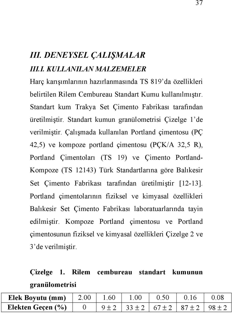 Çalışmada kullanılan Portland çimentosu (PÇ 42,5) ve kompoze portland çimentosu (PÇK/A 32,5 R), Portland Çimentoları (TS 19) ve Çimento Portland- Kompoze (TS 12143) Türk Standartlarına göre Balıkesir