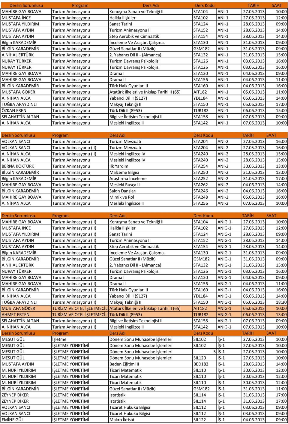 Çalışma. STA130 ANI-1 31.05.2013 09:00 BİLGİN KARADEMİR Turizm Animasyonu Güzel Sanatlar II (Müzik) GSM182 ANI-1 31.05.2013 09:00 A.NİHAL ERTÜRK Turizm Animasyonu 2.