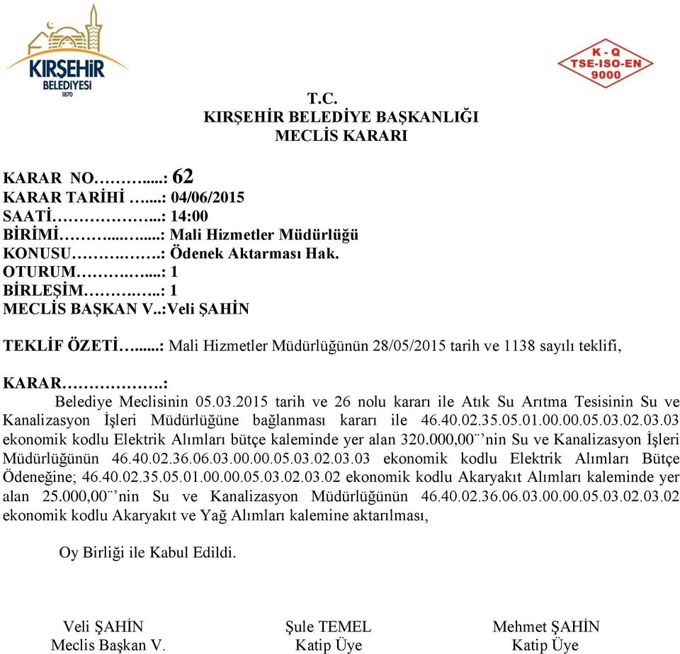 02.03.03 ekonomik kodlu Elektrik Alımları bütçe kaleminde yer alan 320.000,00 nin Su ve Kanalizasyon İşleri Müdürlüğünün 46.40.02.36.06.03.00.00.05.03.02.03.03 ekonomik kodlu Elektrik Alımları Bütçe Ödeneğine; 46.