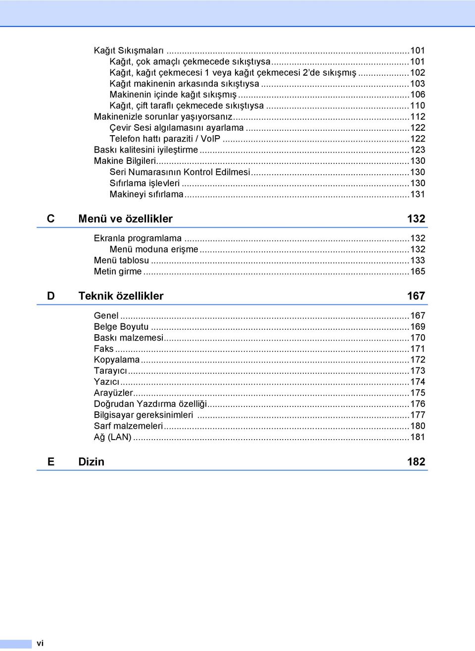 ..122 Baskı kalitesini iyileştirme...123 Makine Bilgileri...130 Seri Numarasının Kontrol Edilmesi...130 Sıfırlama işlevleri...130 Makineyi sıfırlama...131 C Menü ve özellikler 132 Ekranla programlama.