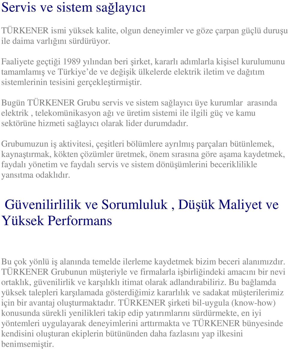 Bugün TÜRKENER Grubu servis ve sistem sağlayıcı üye kurumlar arasında elektrik, telekomünikasyon ağı ve üretim sistemi ile ilgili güç ve kamu sektörüne hizmeti sağlayıcı olarak lider durumdadır.