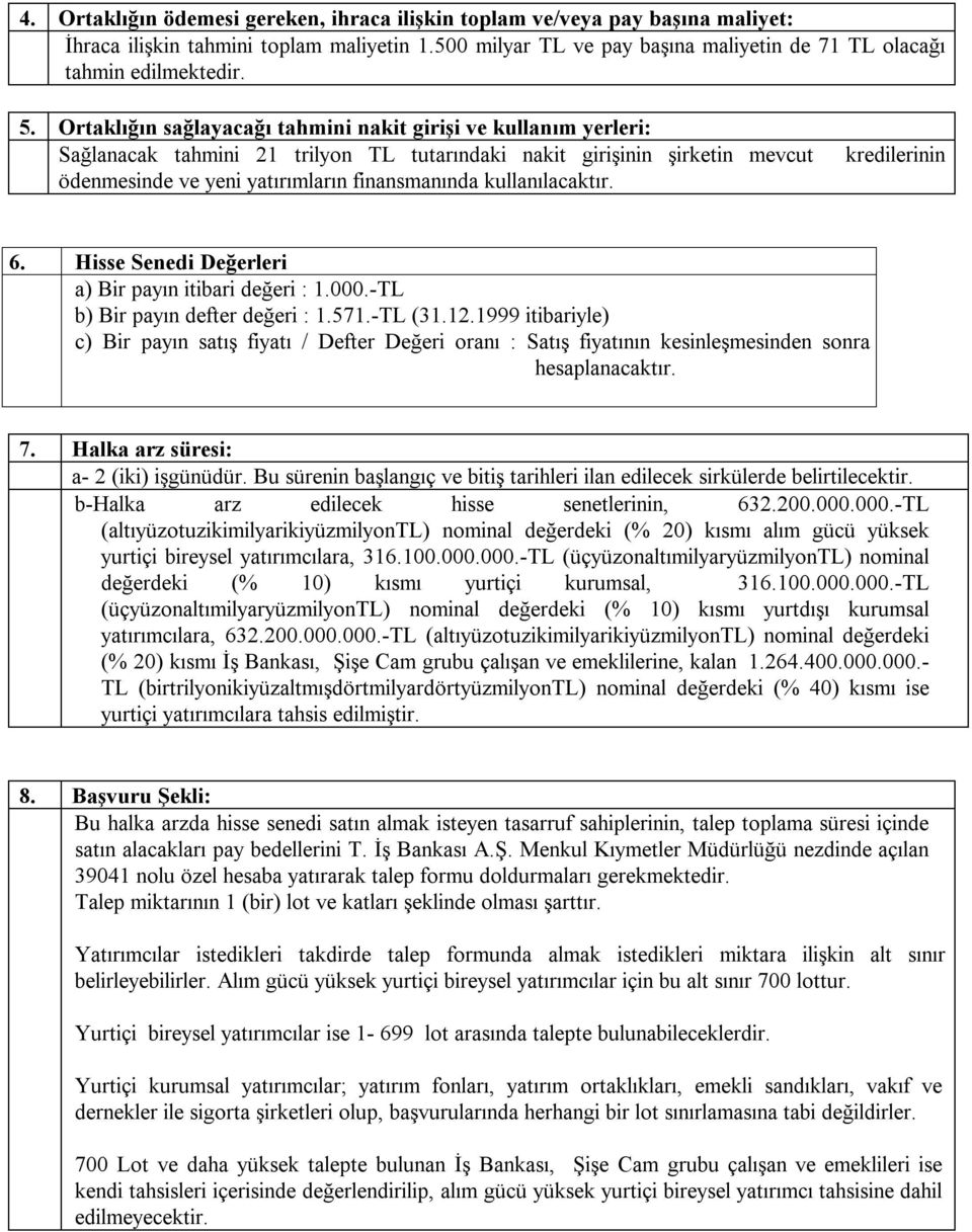 kullanılacaktır. kredilerinin 6. Hisse Senedi Değerleri a) Bir payın itibari değeri : 1.000.-TL b) Bir payın defter değeri : 1.571.-TL (31.12.