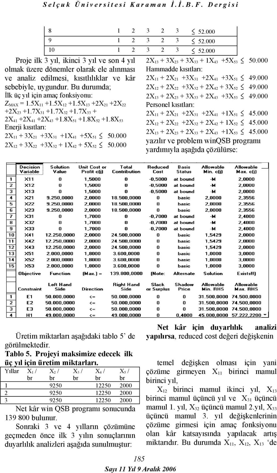 Bu durumda; İlk üç yıl için amaç fonksiyonu: Z MAX = 1.5X 11 1.5X 12 1.5X 13 2X 21 2X 22 2X 23 1.7X 31 1.7X 32 1.7X 33 2X 41 2X 41 2X 43 1.8X 51 1.8X 52 1.