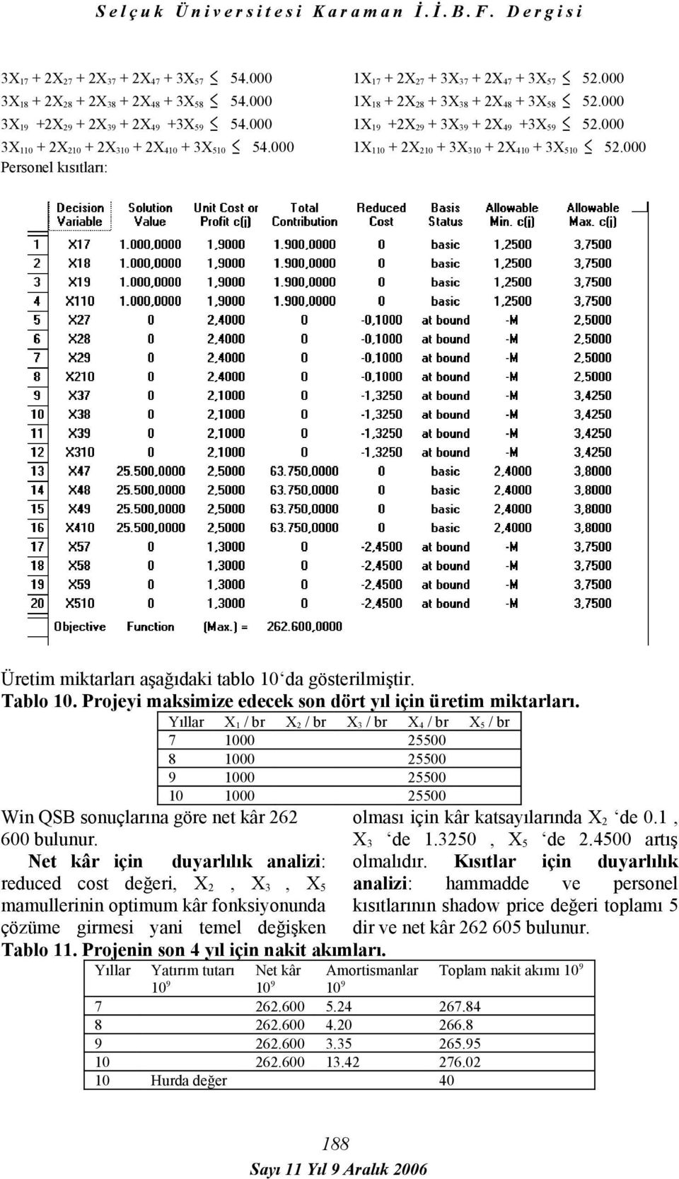 000 Üretim miktarları aşağıdaki tablo 10 da gösterilmiştir. Tablo 10. Projeyi maksimize edecek son dört yıl için üretim miktarları.