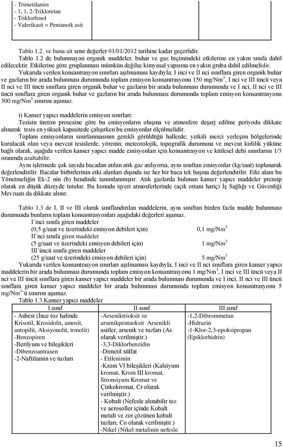 Yukarıda verilen konsantrasyon sınırları aģılmaması kaydıyla; I inci ve II nci sınıflara giren organik buhar ve gazların bir arada bulunması durumunda toplam emisyon konsantrasyonu 150 mg/nm 3, I nci