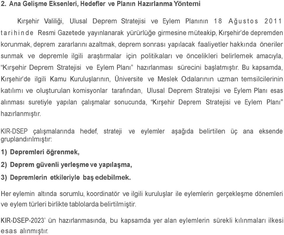 politikaları ve öncelikleri belirlemek amacıyla, Kırşehir Deprem Stratejisi ve Eylem Planı hazırlanması sürecini başlatmıştır.