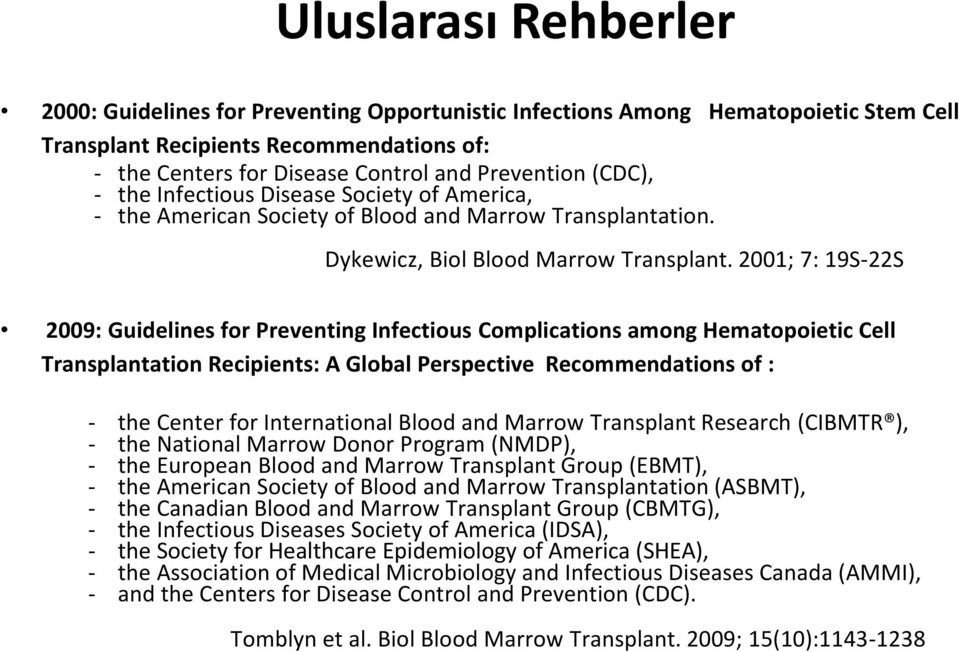 2001; 7: 19S-22S 2009: Guidelines for Preventing Infectious Complications among Hematopoietic Cell Transplantation Recipients: A Global Perspective Recommendations of : - the Center for International