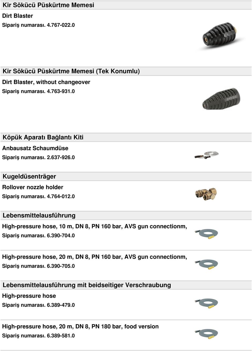 0 Lebensmittelausführung High-pressure hose, 10 m, DN 8, PN 160 bar, AVS gun connectionm, Sipariş numarası. 6.390-704.