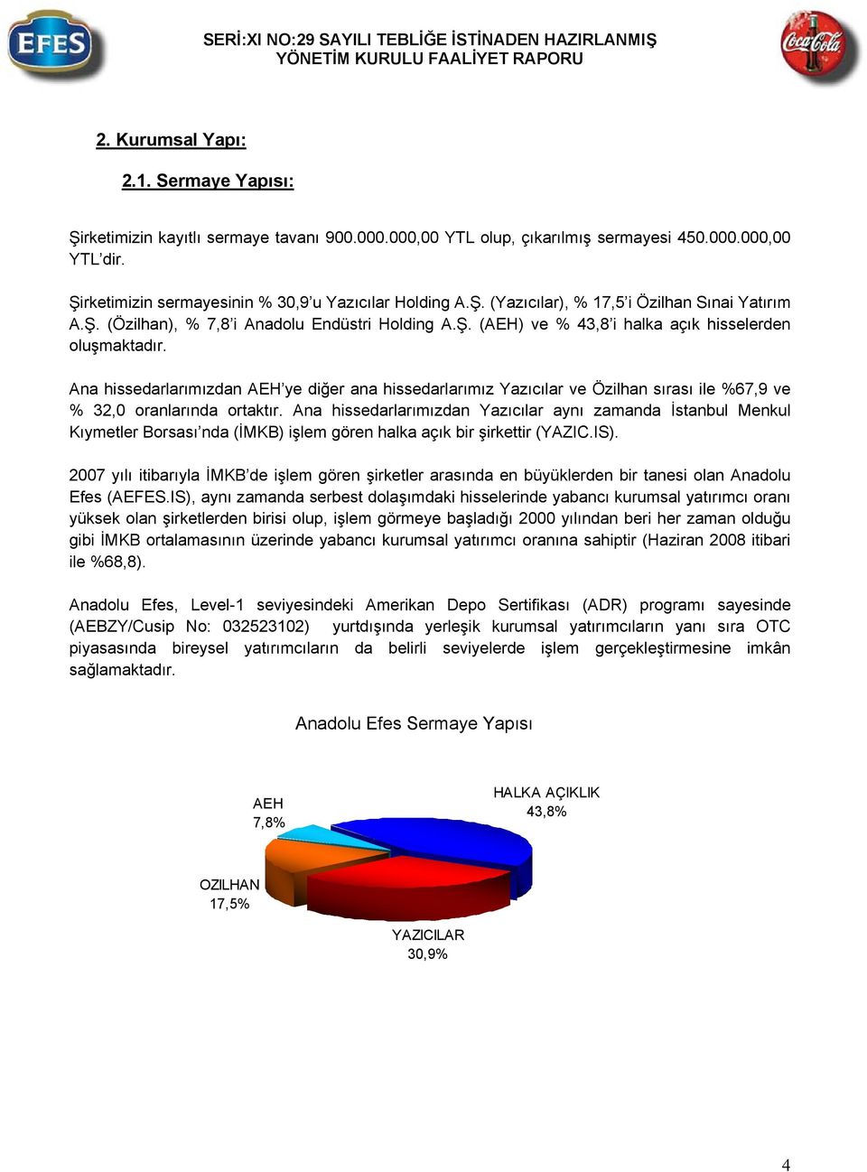 Ana hissedarlarımızdan AEH ye diğer ana hissedarlarımız Yazıcılar ve Özilhan sırası ile %67,9 ve % 32,0 oranlarında ortaktır.