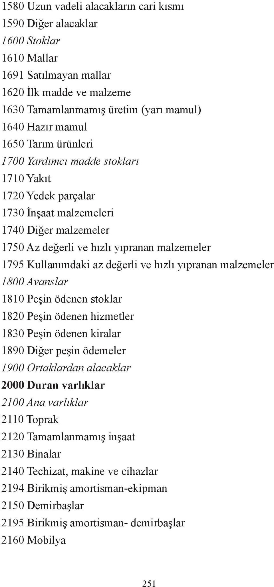 hızlı yıpranan malzemeler 1800 Avanslar 1810 Peşin ödenen stoklar 1820 Peşin ödenen hizmetler 1830 Peşin ödenen kiralar 1890 Diğer peşin ödemeler 1900 Ortaklardan alacaklar 2000 Duran varlıklar 2100