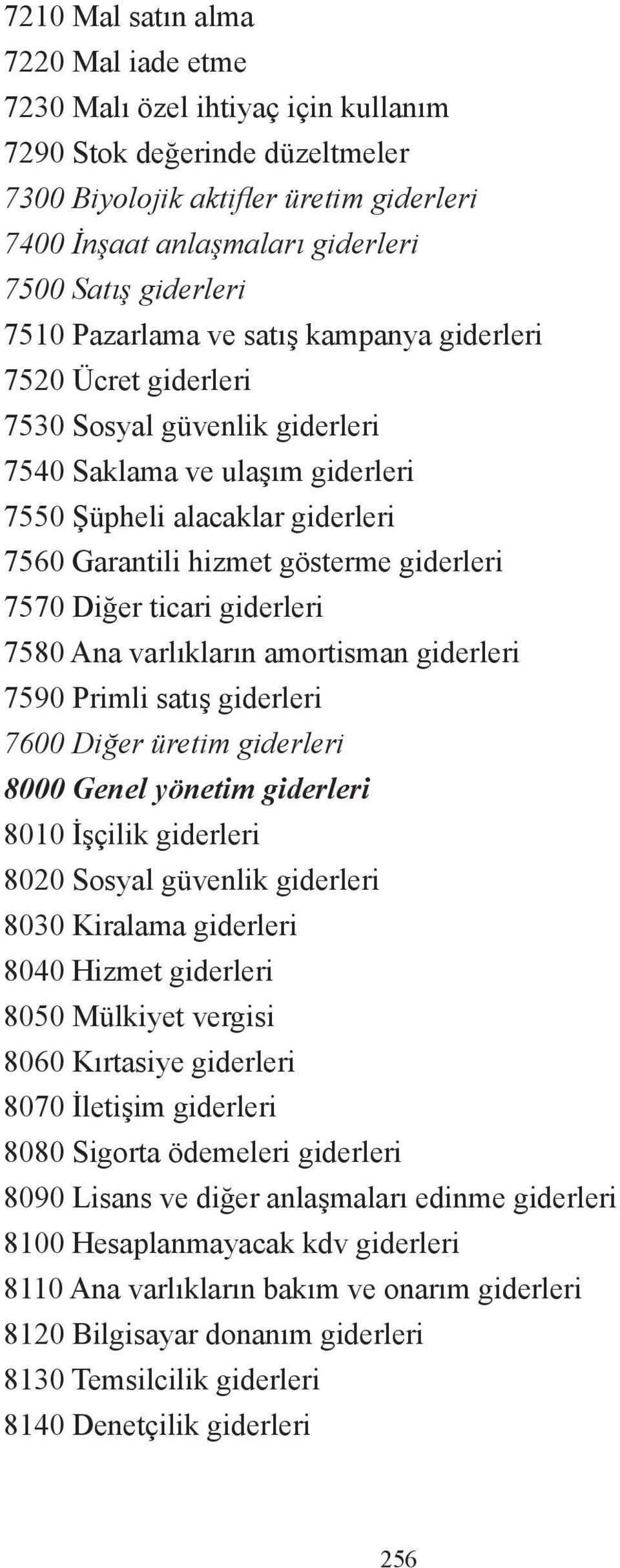 gösterme giderleri 7570 Diğer ticari giderleri 7580 Ana varlıkların amortisman giderleri 7590 Primli satış giderleri 7600 Diğer üretim giderleri 8000 Genel yönetim giderleri 8010 İşçilik giderleri