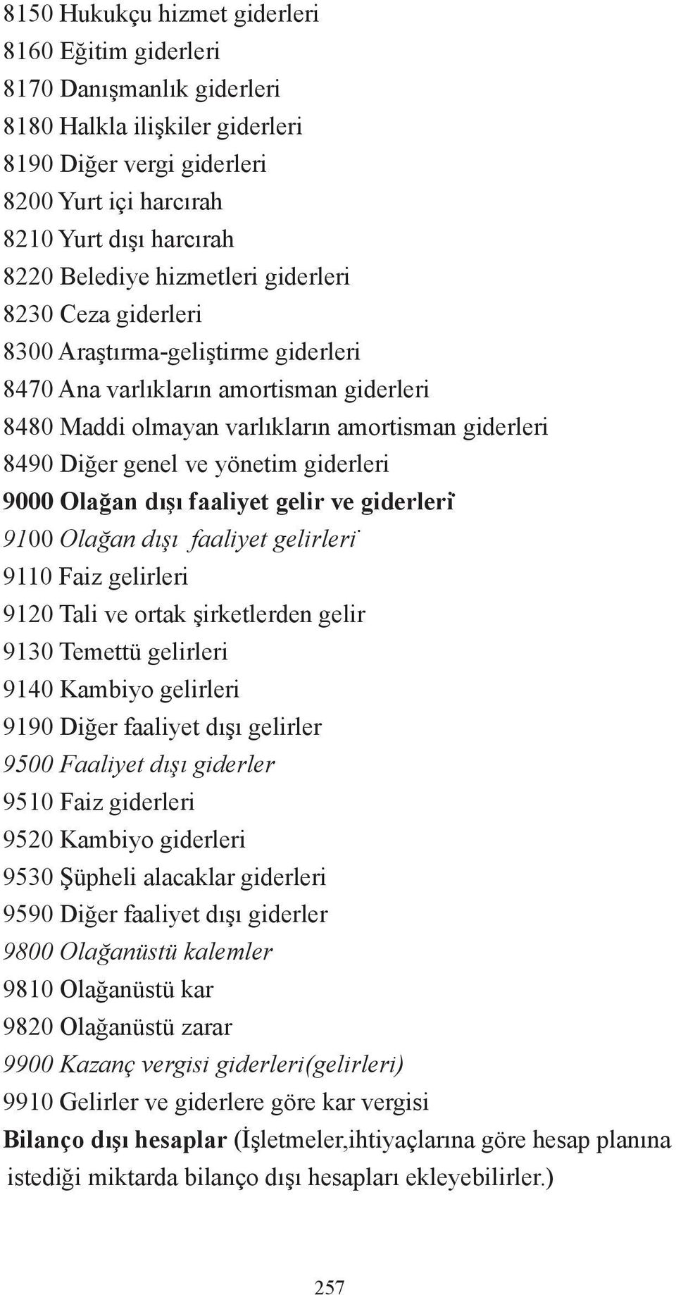 giderleri 9000 Olağan dışı faaliyet gelir ve giderleri 9100 Olağan dışı faaliyet gelirleri 9110 Faiz gelirleri 9120 Tali ve ortak şirketlerden gelir 9130 Temettü gelirleri 9140 Kambiyo gelirleri 9190