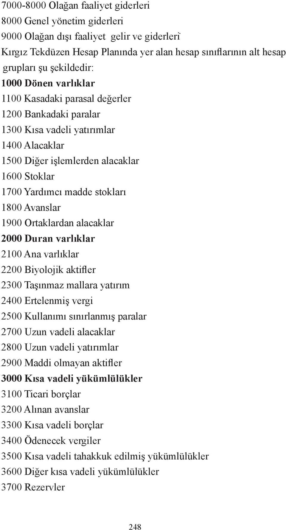 stokları 1800 Avanslar 1900 Ortaklardan alacaklar 2000 Duran varlıklar 2100 Ana varlıklar 2200 Biyolojik aktifler 2300 Taşınmaz mallara yatırım 2400 Ertelenmiş vergi 2500 Kullanımı sınırlanmış