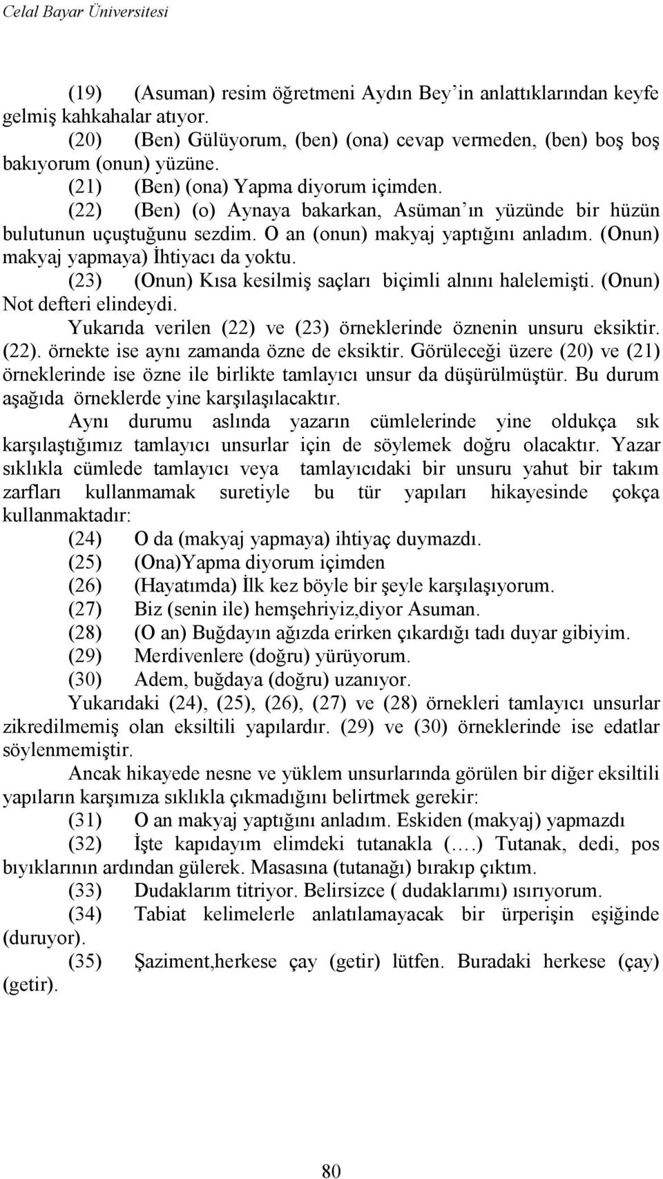 (Onun) makyaj yapmaya) İhtiyacı da yoktu. (23) (Onun) Kısa kesilmiş saçları biçimli alnını halelemişti. (Onun) Not defteri elindeydi.