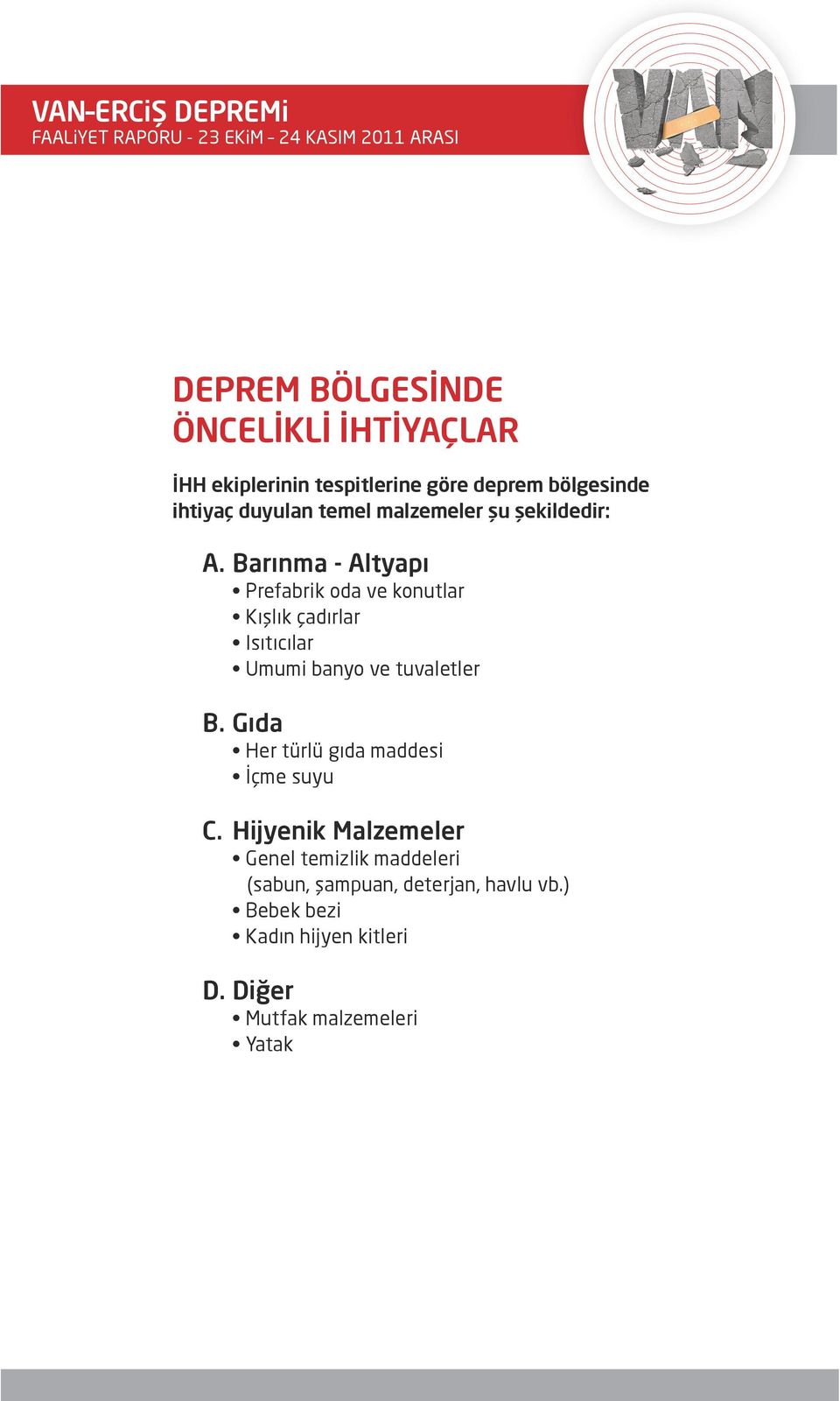 Barınma - Altyapı Prefabrik oda ve konutlar Kışlık çadırlar Isıtıcılar Umumi banyo ve tuvaletler B.