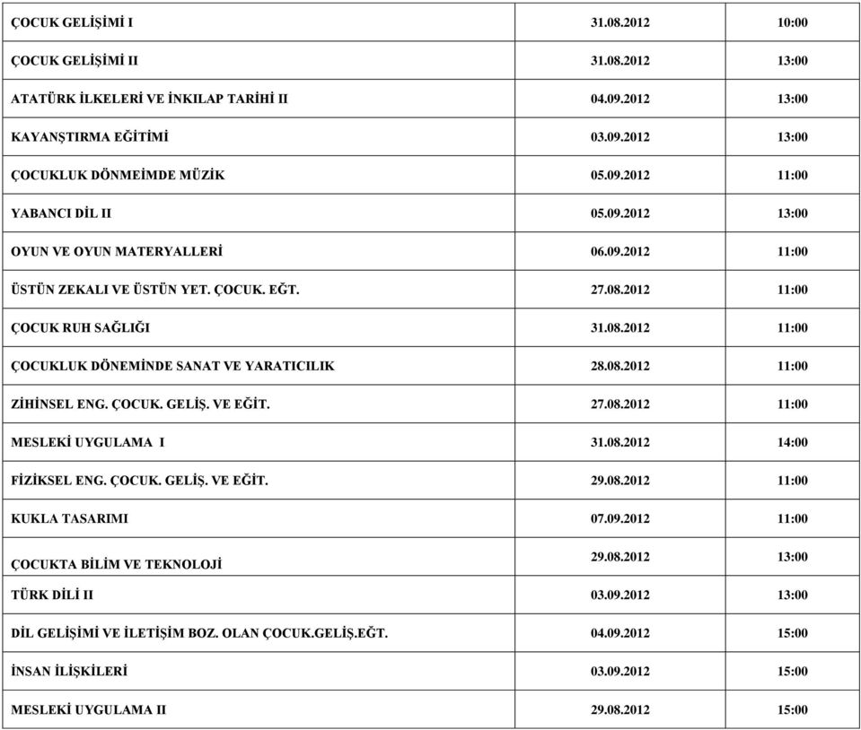 ÇOCUK. GELİŞ. VE EĞİT. 27.08.2012 11:00 MESLEKİ UYGULAMA I 31.08.2012 14:00 FİZİKSEL ENG. ÇOCUK. GELİŞ. VE EĞİT. 29.08.2012 11:00 KUKLA TASARIMI 07.09.2012 11:00 ÇOCUKTA BİLİM VE TEKNOLOJİ 29.08.2012 13:00 TÜRK DİLİ II 03.