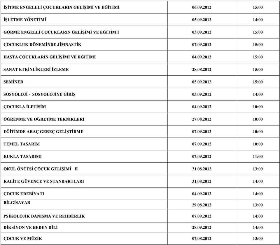 09.2012 10:00 TEMEL TASARIM 07.09.2012 10:00 KUKLA TASARIMI 07.09.2012 11:00 OKUL ÖNCESİ ÇOCUK GELİŞİMİ II 31.08.2012 13:00 KALİTE GÜVENCE VE STANDARTLARI 31.08.2012 14:00 ÇOCUK EDEBİYATI 04.09.2012 14:00 BİLGİSAYAR 29.