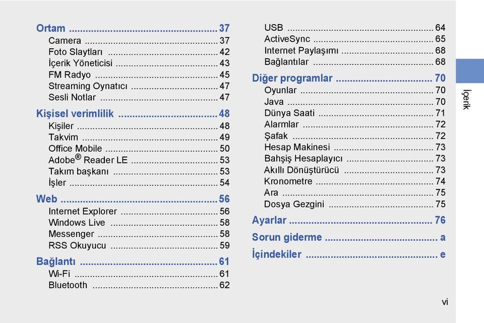 .. 61 Wi-Fi... 61 Bluetooth... 62 USB... 64 ActiveSync... 65 Internet Paylaşımı... 68 Bağlantılar... 68 Diğer programlar... 70 Oyunlar... 70 Java... 70 Dünya Saati... 71 Alarmlar.