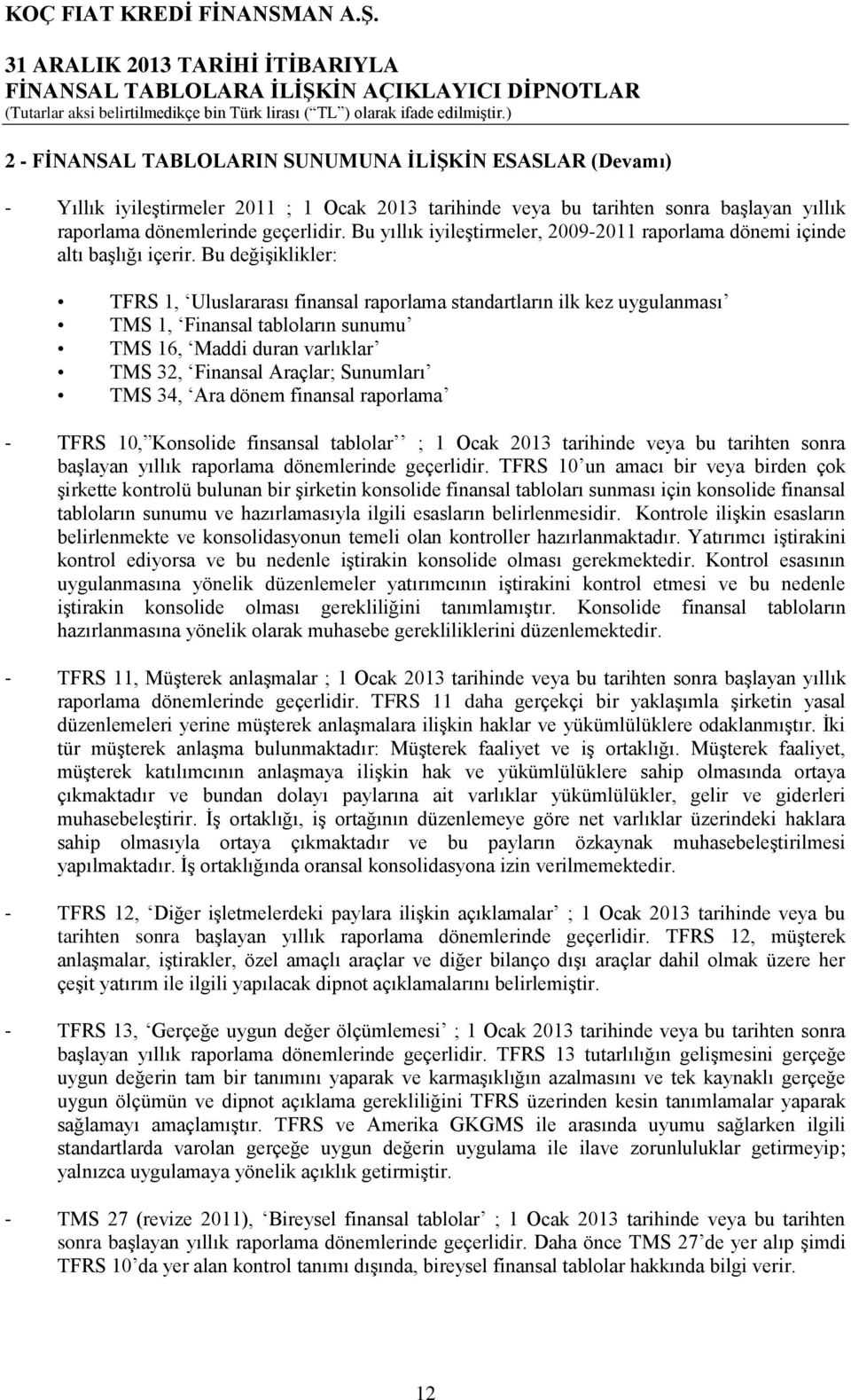 Bu değişiklikler: TFRS 1, Uluslararası finansal raporlama standartların ilk kez uygulanması TMS 1, Finansal tabloların sunumu TMS 16, Maddi duran varlıklar TMS 32, Finansal Araçlar; Sunumları TMS 34,