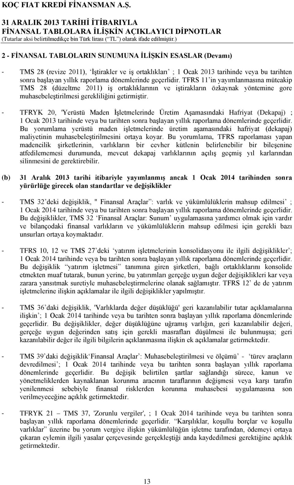 - TFRYK 20, 'Yerüstü Maden İşletmelerinde Üretim Aşamasındaki Hafriyat (Dekapaj) ; 1 Ocak 2013 tarihinde veya bu tarihten sonra başlayan yıllık raporlama dönemlerinde geçerlidir.