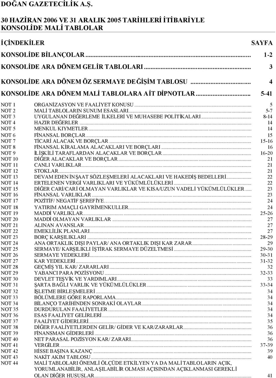 .. 5-7 NOT 3 UYGULANAN DEĞERLEME İLKELERİVE MUHASEBE POLİTİKALARI... 8-14 NOT 4 HAZIR DEĞERLER... 14 NOT 5 MENKUL KIYMETLER... 14 NOT 6 FİNANSAL BORÇLAR... 15 NOT 7 TİCARİALACAK VE BORÇLAR.