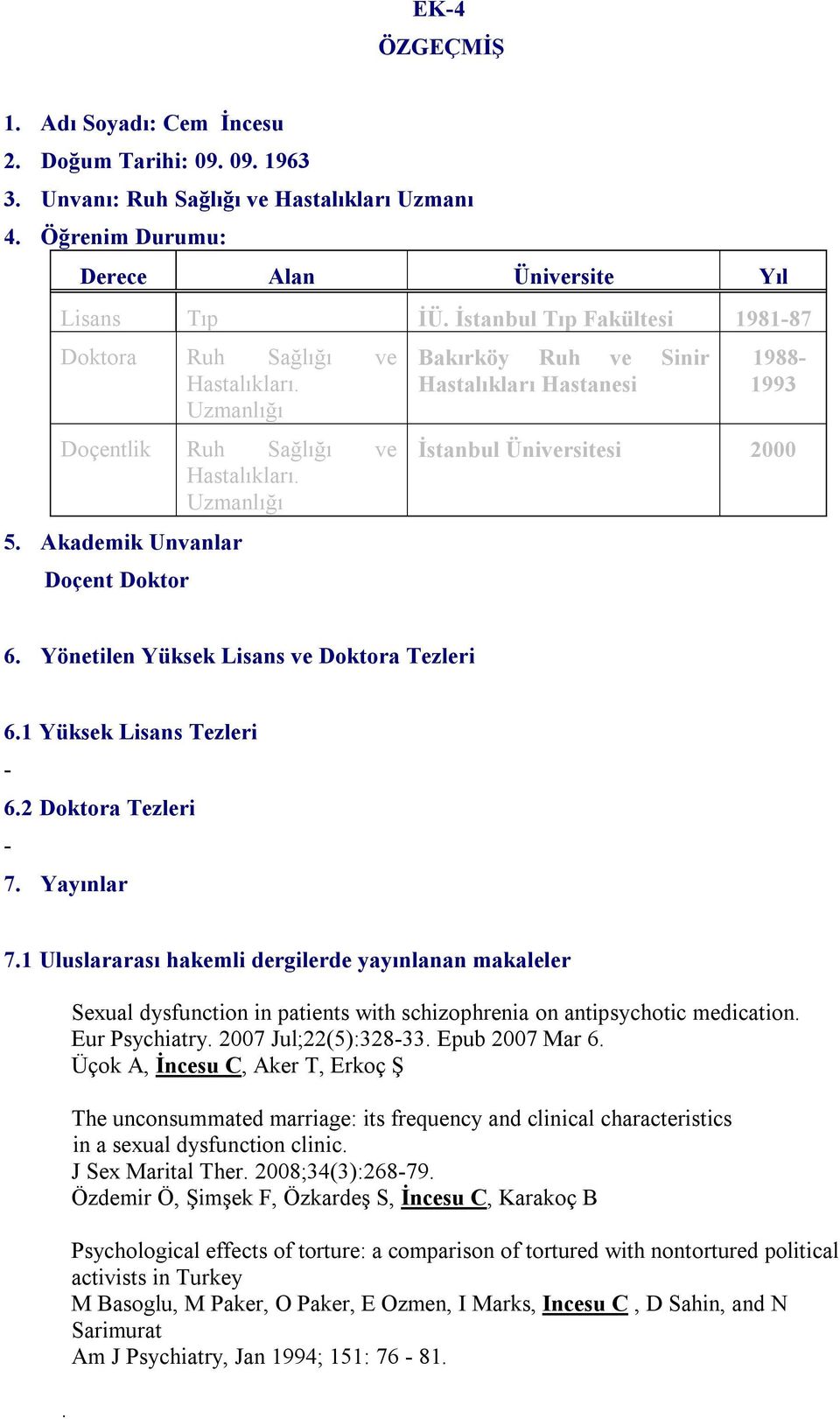 Akademik Unvanlar Doçent Doktor Bakırköy Ruh ve Sinir Hastalıkları Hastanesi 1988 1993 İstanbul Üniversitesi 2000 6. Yönetilen Yüksek Lisans ve Doktora Tezleri 6.1 Yüksek Lisans Tezleri 6.