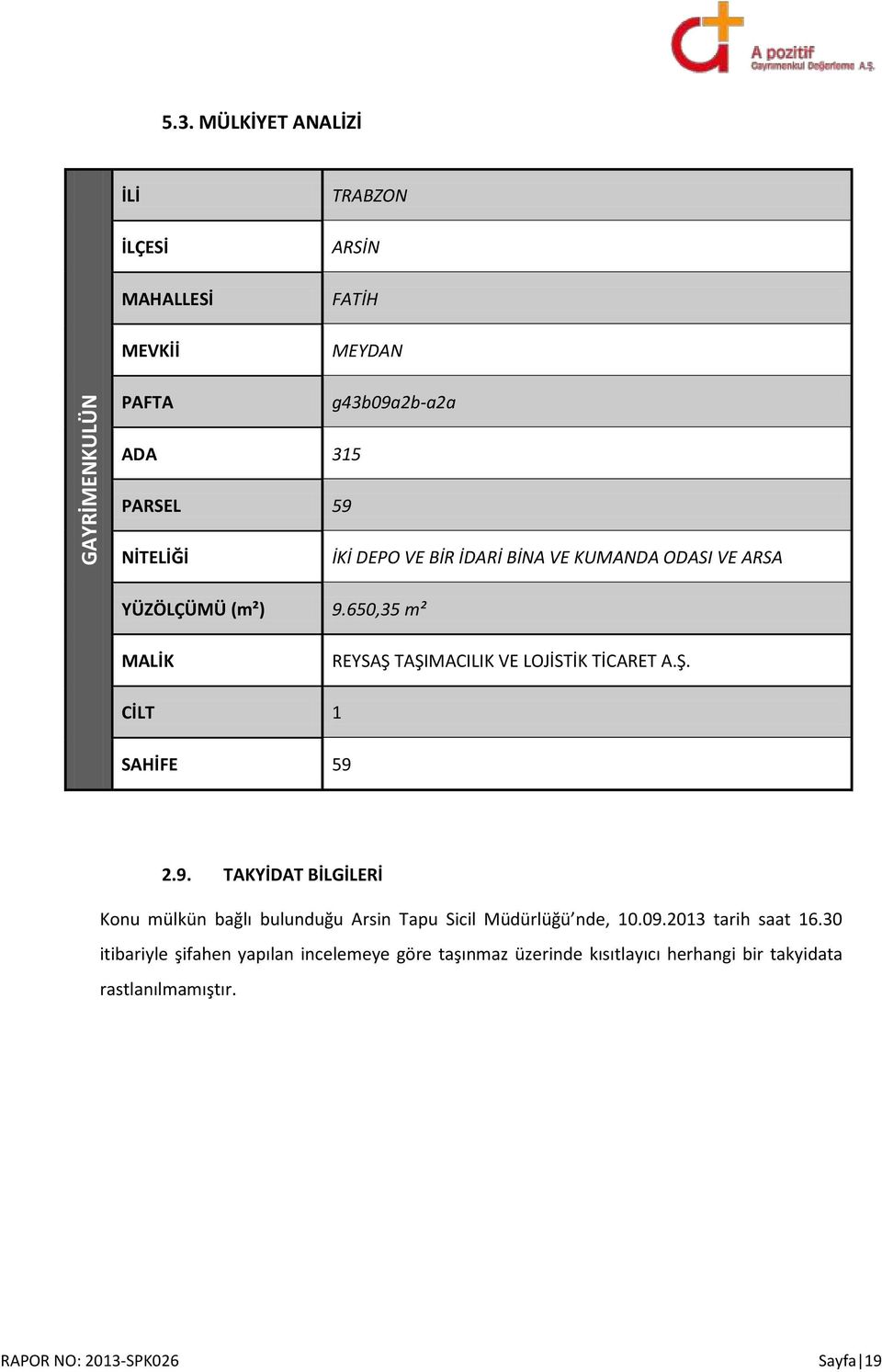 VE BİR İDARİ BİNA VE KUMANDA ODASI VE ARSA YÜZÖLÇÜMÜ (m²) 9.650,35 m² MALİK REYSAŞ TAŞIMACILIK VE LOJİSTİK TİCARET A.Ş. CİLT 1 SAHİFE 59 2.