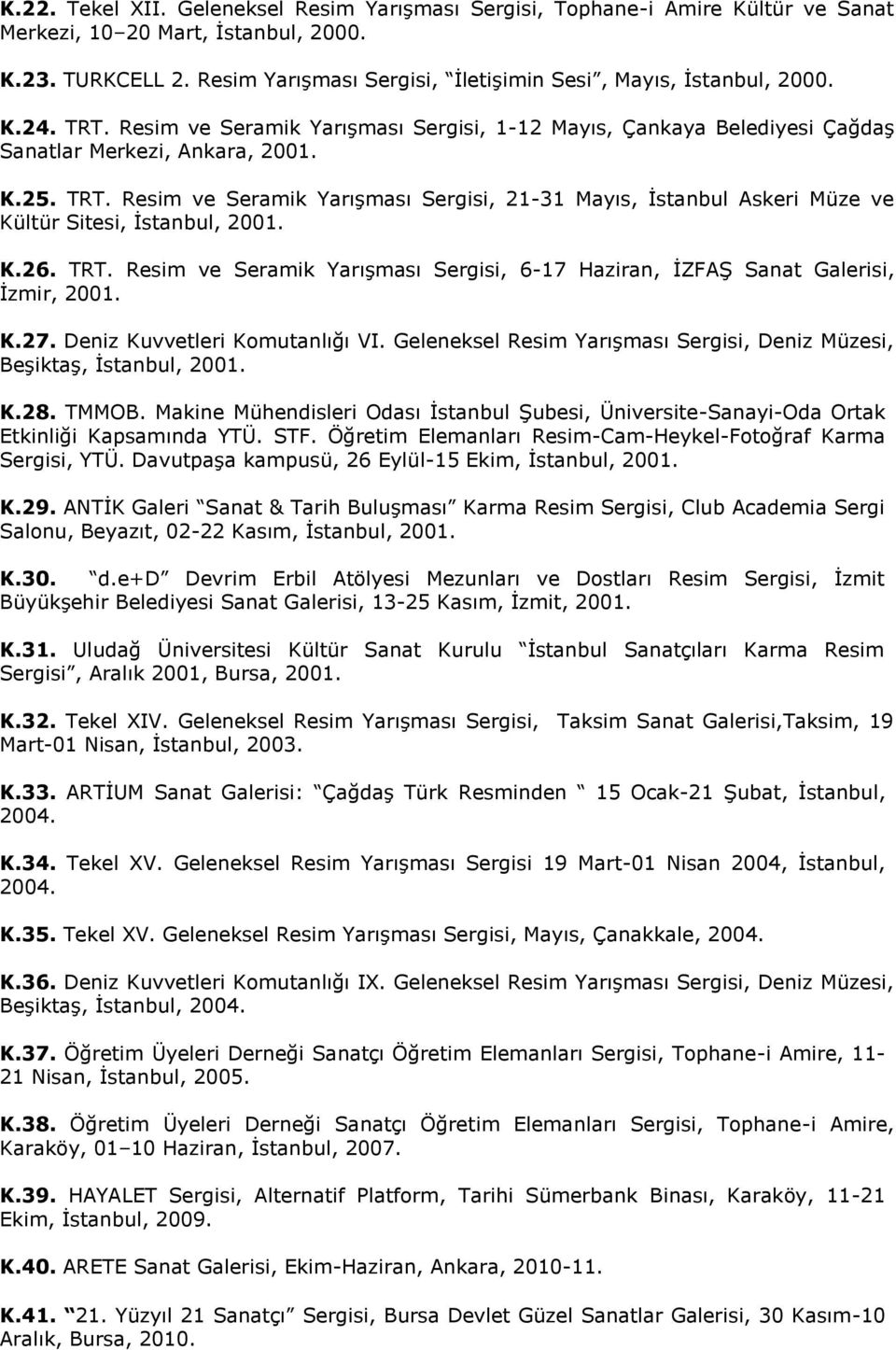 K.26. TRT. Resim ve Seramik Yarışması Sergisi, 6-17 Haziran, İZFAŞ Sanat Galerisi, İzmir, 2001. K.27. Deniz Kuvvetleri Komutanlığı VI.