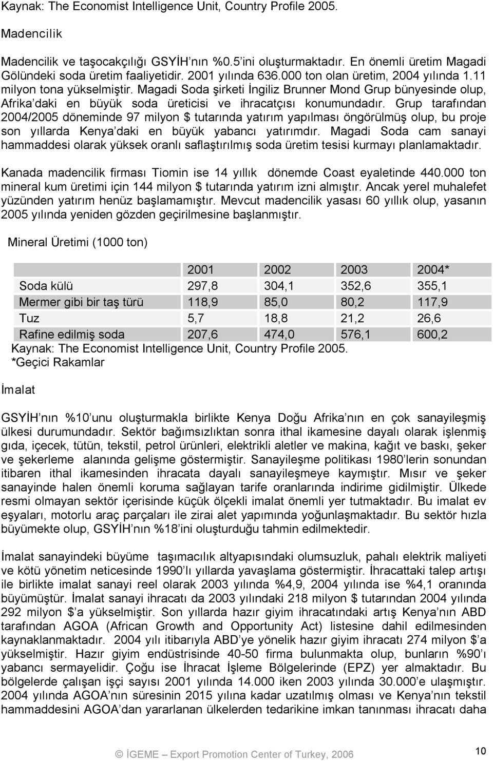 Magadi Soda şirketi İngiliz Brunner Mond Grup bünyesinde olup, Afrika daki en büyük soda üreticisi ve ihracatçısı konumundadır.