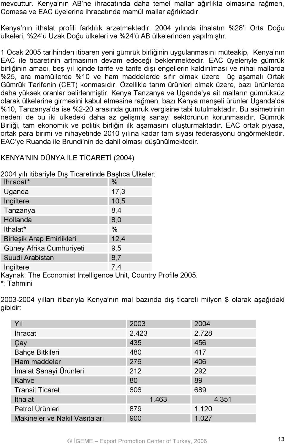 1 Ocak 2005 tarihinden itibaren yeni gümrük birliğinin uygulanmasını müteakip, Kenya nın EAC ile ticaretinin artmasının devam edeceği beklenmektedir.