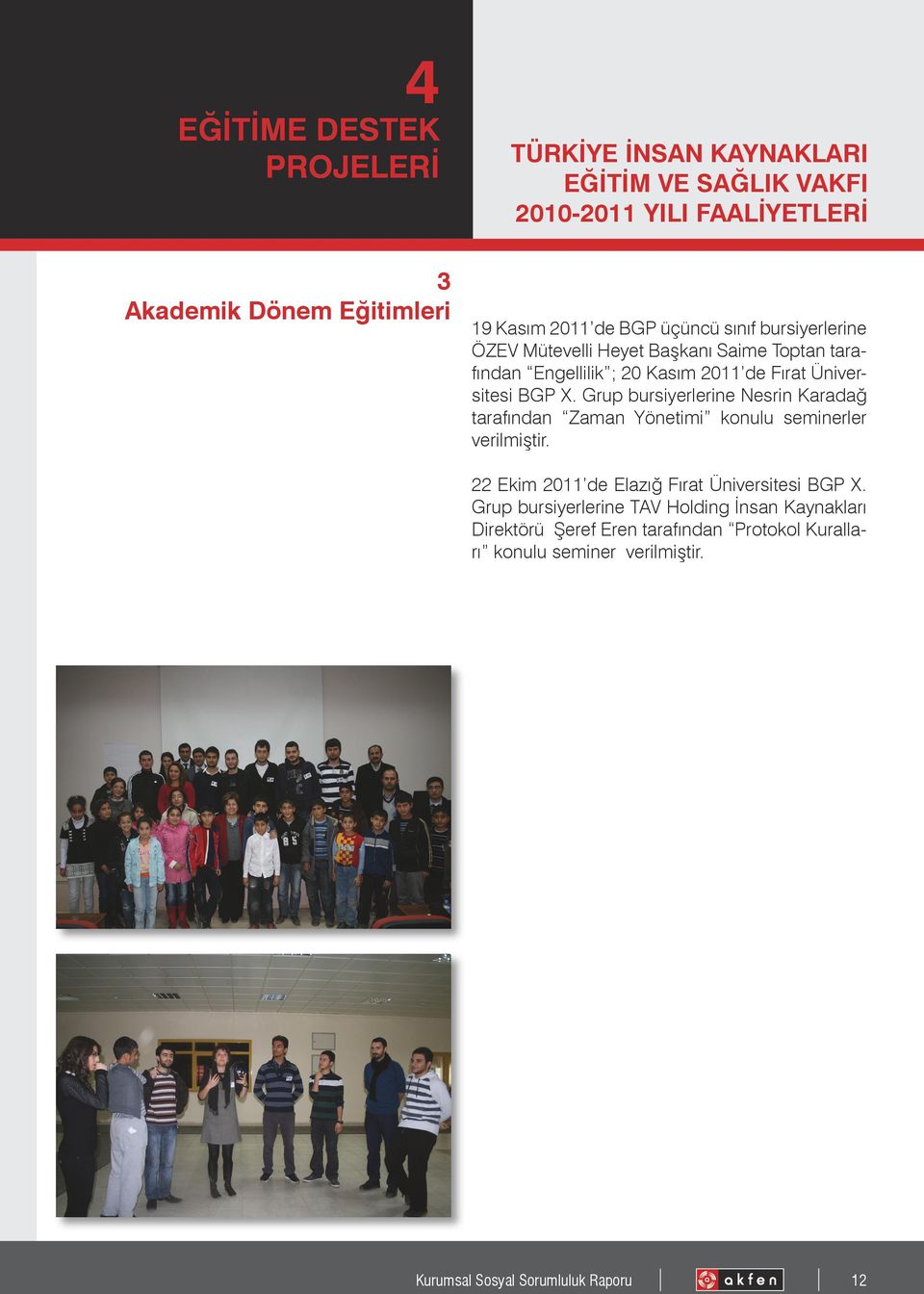 Grup bursiyerlerine Nesrin Karadağ tarafından Zaman Yönetimi konulu seminerler verilmiştir. 22 Ekim 2011 de Elazığ Fırat Üniversitesi BGP X.