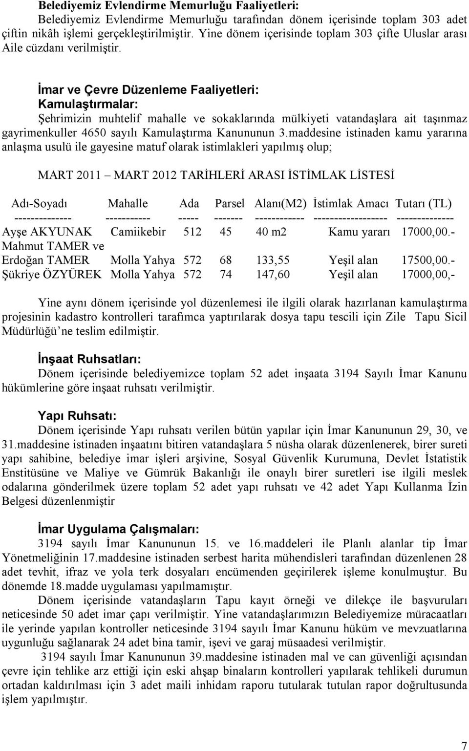 İmar ve Çevre Düzenleme Faaliyetleri: Kamulaştırmalar: Şehrimizin muhtelif mahalle ve sokaklarında mülkiyeti vatandaşlara ait taşınmaz gayrimenkuller 4650 sayılı Kamulaştırma Kanununun 3.