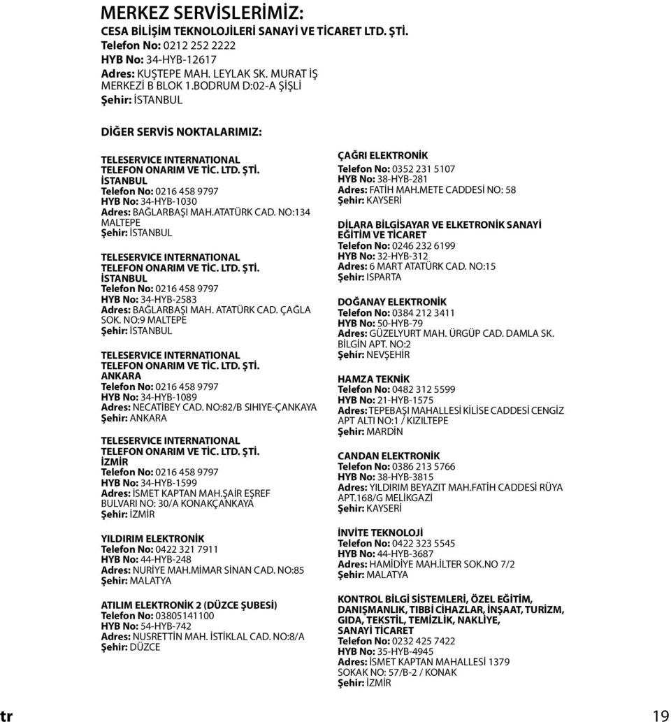 ATATÜRK CAD. NO:34 MALTEPE Şehir: İSTANBUL TELESERVICE INTERNATIONAL TELEFON ONARIM VE TİC. LTD. ŞTİ. İSTANBUL Telefon No: 026 458 9797 HYB No: 34-HYB-2583 Adres: BAĞLARBAŞI MAH. ATATÜRK CAD.