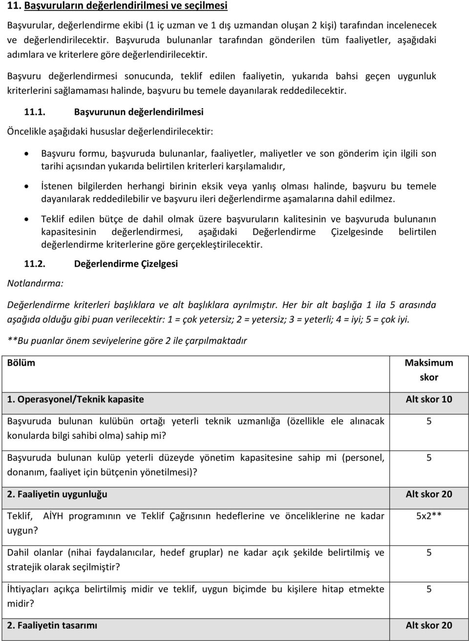 Başvuru değerlendirmesi sonucunda, teklif edilen faaliyetin, yukarıda bahsi geçen uygunluk kriterlerini sağlamaması halinde, başvuru bu temele dayanılarak reddedilecektir. 11