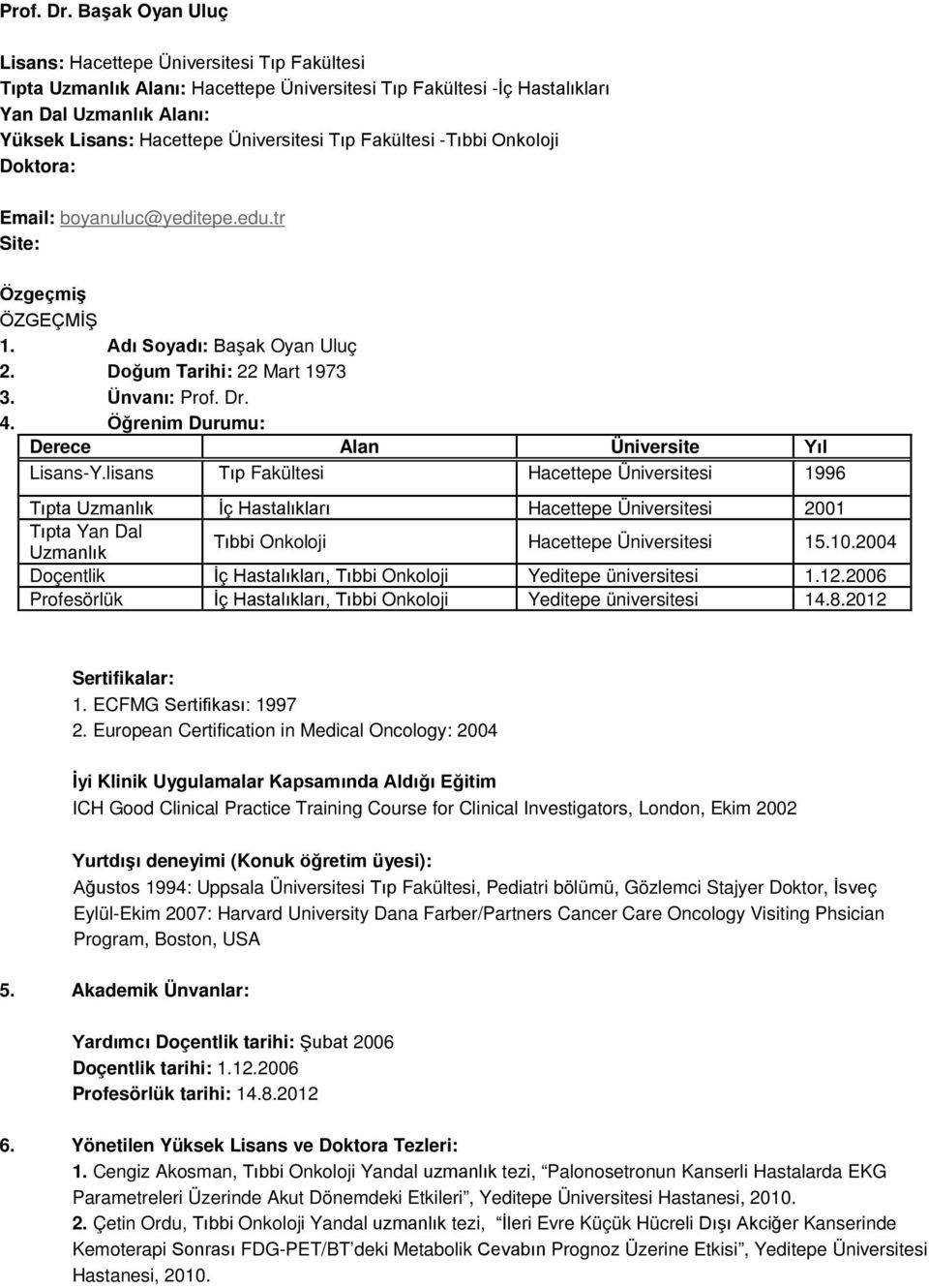 Tıp Fakültesi -Tıbbi Onkoloji Doktora: Email: boyanuluc@yeditepe.edu.tr Site: Özgeçmiş ÖZGEÇMİŞ 1. Adı Soyadı: Başak Oyan Uluç 2. Doğum Tarihi: 22 Mart 1973 3. Ünvanı:  4.