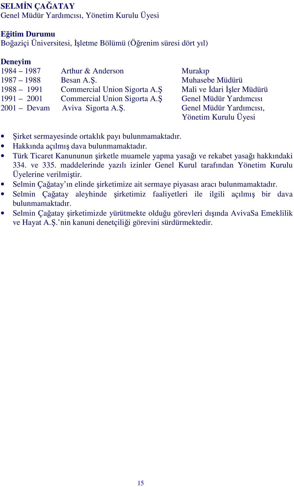 Hakkında açılmış dava bulunmamaktadır. Türk Ticaret Kanununun şirketle muamele yapma yasağı ve rekabet yasağı hakkındaki 334. ve 335.