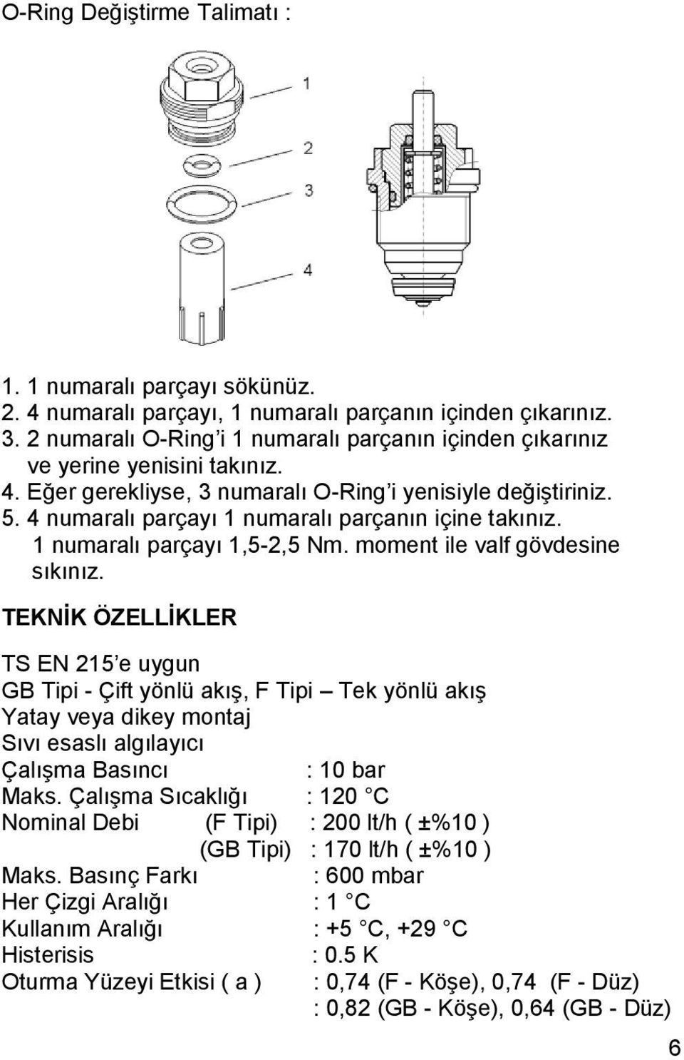 4 numaralı parçayı 1 numaralı parçanın içine takınız. 1 numaralı parçayı 1,5-2,5 Nm. moment ile valf gövdesine sıkınız.