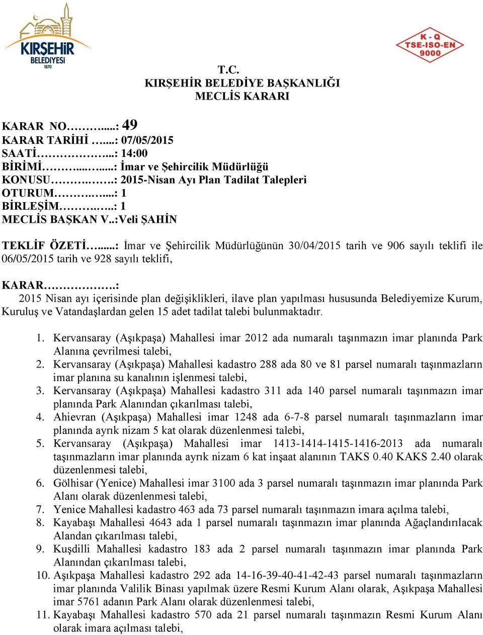 ..: İmar ve Şehircilik Müdürlüğünün 30/04/2015 tarih ve 906 sayılı teklifi ile 06/05/2015 tarih ve 928 sayılı teklifi, KARAR.