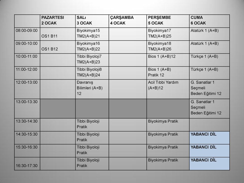 Bios 1 (A+B) 12 12:00-13:00 Davranış Bilimleri (A+B) 12 Acil Tıbbi Yardım (A+B)12 G.