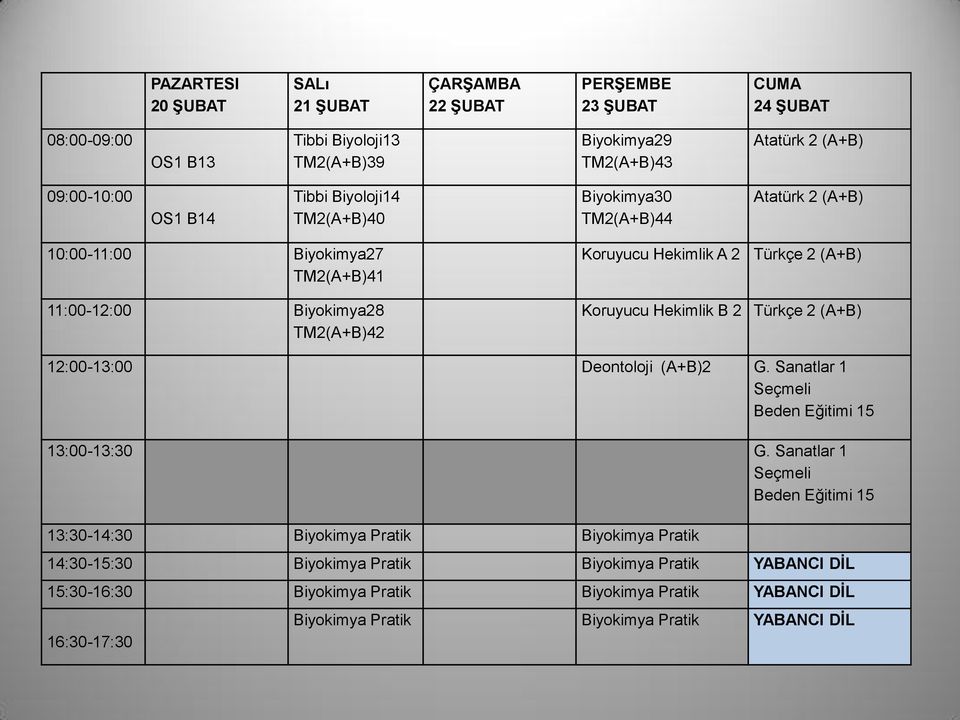 Hekimlik A 2 Türkçe 2 (A+B) Koruyucu Hekimlik B 2 Türkçe 2 (A+B) 12:00-13:00 Deontoloji (A+B)2 G.