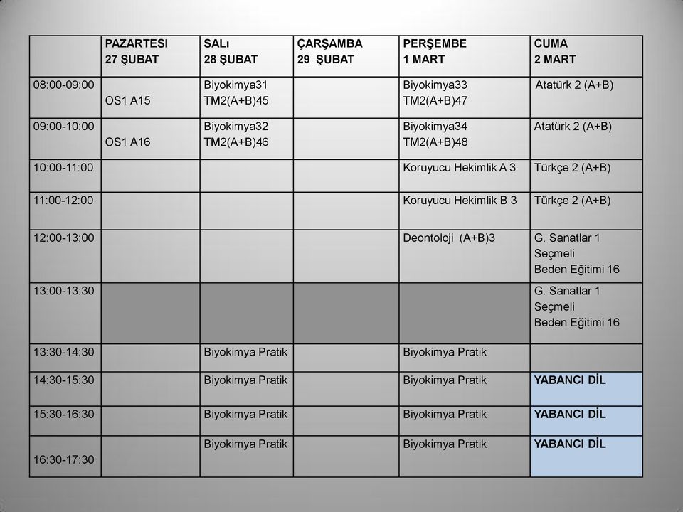 Koruyucu Hekimlik B 3 Türkçe 2 (A+B) 12:00-13:00 Deontoloji (A+B)3 G.