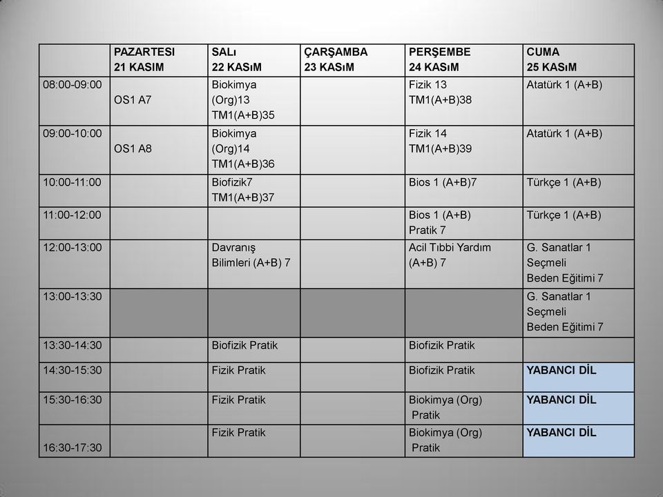 (A+B) 7 12:00-13:00 Davranış Bilimleri (A+B) 7 Acil Tıbbi Yardım (A+B) 7 25 KASıM G.